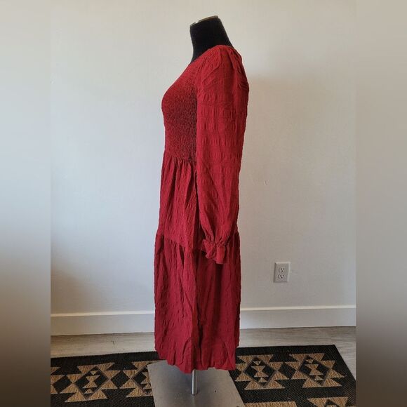 Red Peasant Dress Midi Smocked Puff Sleeve Cottagecore Tiered Maiden Milkmaid S - Picture 4 of 11